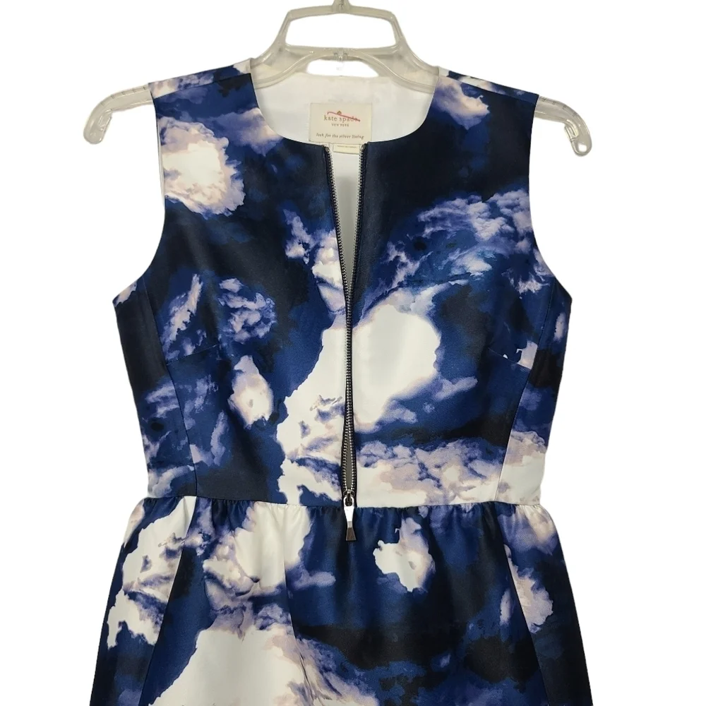 Kate Spade Joss Dusk Cloud Front Zip Sleeveless Blue White Dress 00